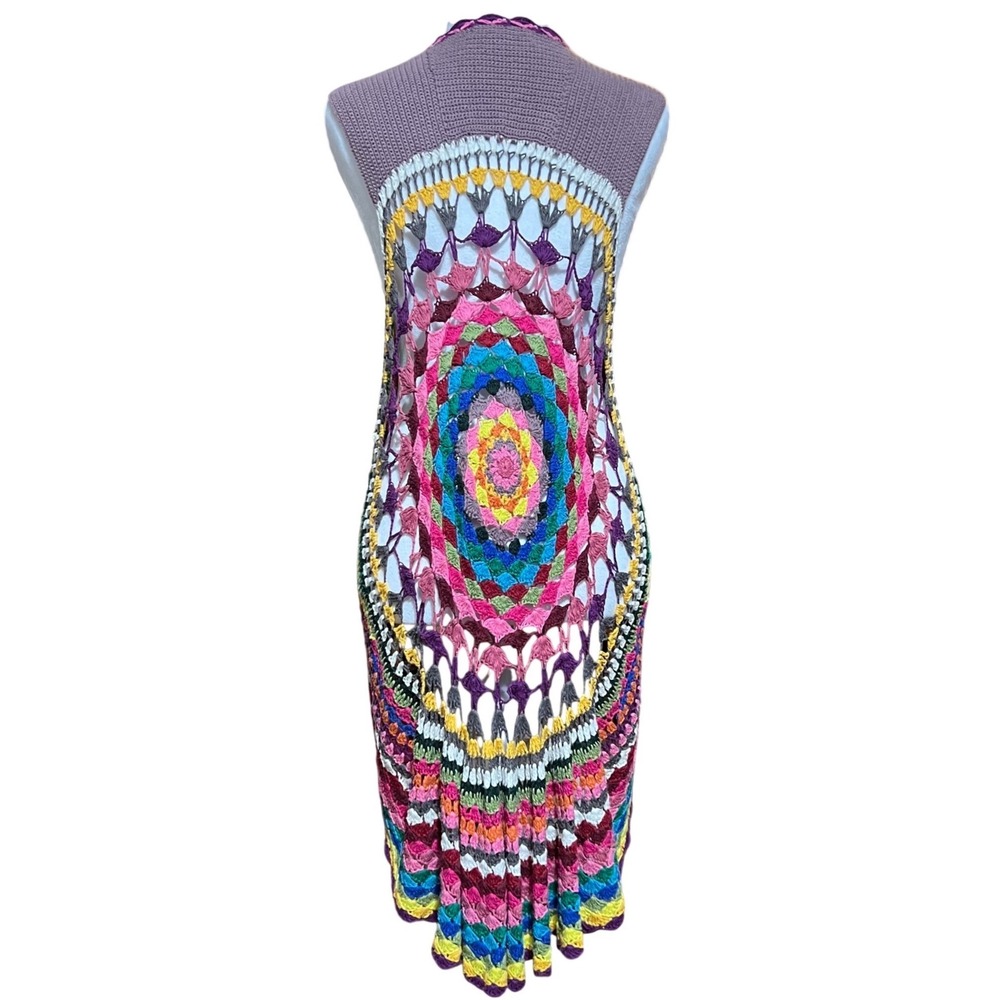 Rainbow Crochet Granny Square Duster Cardigan Boho Hippie Festival Knit Sweater